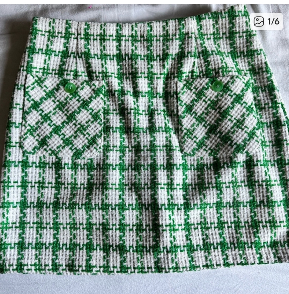 Green & White Tweed Mini Skirt